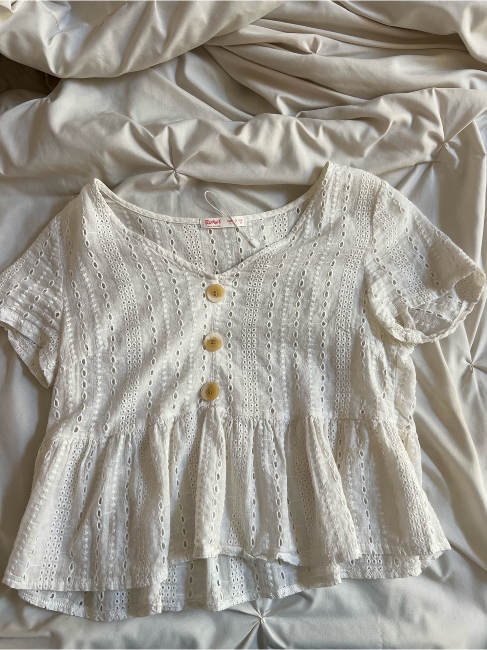Roxy Cream Eyelet Peplum Blouse with Wooden Buttons